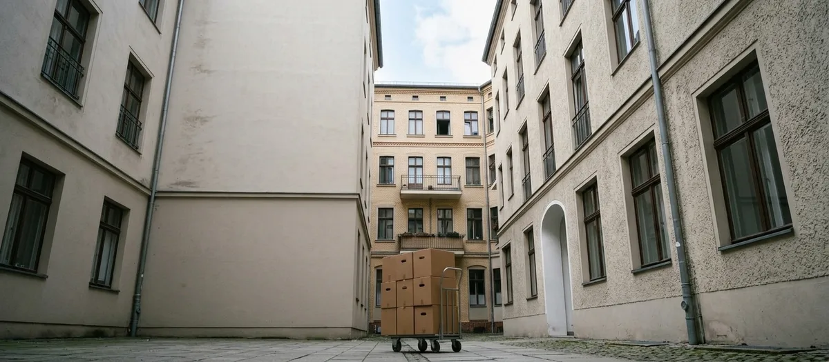 Blick von unten in einen schmalen Hinterhof: links die Rückseite des Vorderhauses, geradeaus der Seitenflügel, dahinter das Quergebäude, in der Mitte ein Rollwagen mit gestapelten Kartons.