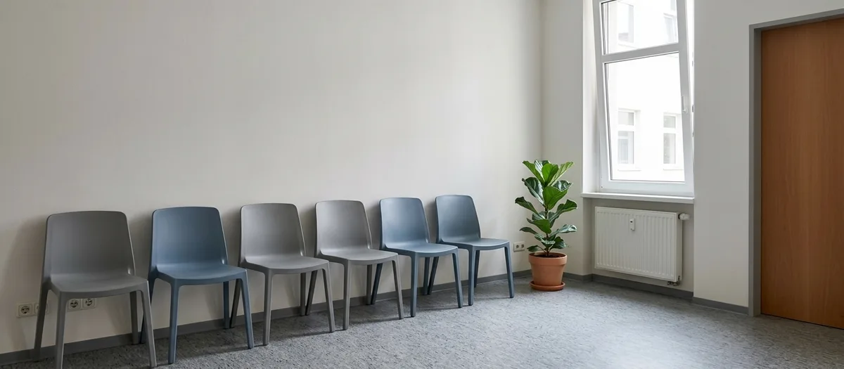 Ein leerer Wartebereich mit einer Reihe grauer und blauer Kunststoffstühle an der Wand, daneben eine Zimmerpflanze und ein hohes Fenster.