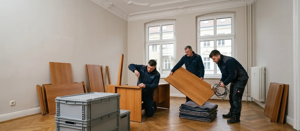 Drei Männer bauen in einem Altbaubüro mit Stuckdecke Schreibtische ab, die Platten lehnen an der Wand, davor stehen graue Transportboxen.