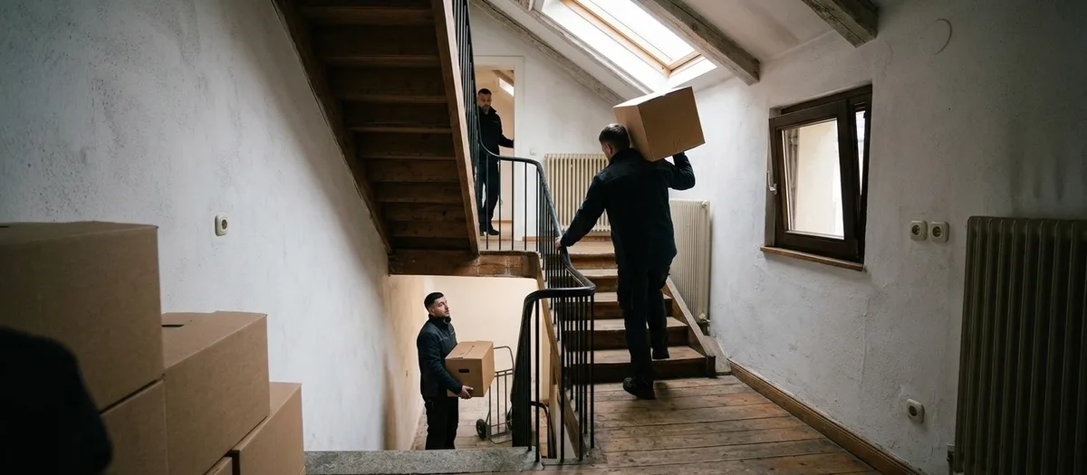 Ein Träger trägt einen Karton die schmale Holztreppe zum Dachgeschoss hinauf, unter dem Dachfenster warten weitere Kartons.