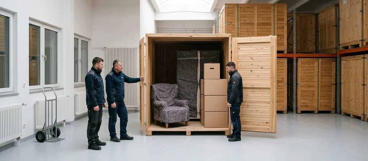 Drei Mitarbeiter stehen vor einer geöffneten Holzlagerbox mit eingepacktem Sessel und gestapelten Kartons, dahinter weitere Boxen im Regal.