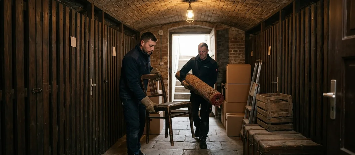 Zwei Arbeiter mit Handschuhen tragen einen alten Holzstuhl und einen zusammengerollten Teppich durch einen Kellergang mit Lattenverschlägen und Ziegelgewölbe.