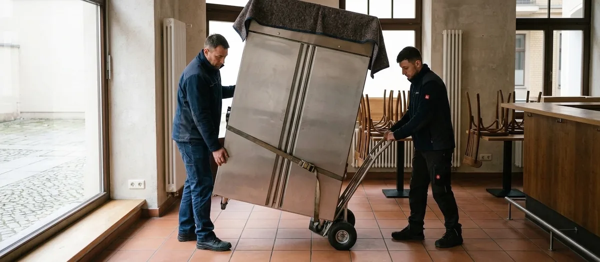 Zwei Mitarbeiter kippen einen Edelstahlkühlschrank auf die Sackkarre, im Hintergrund stehen die Stühle hochgestellt auf den Tischen eines leeren Cafés.