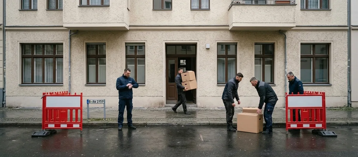 Zwei rot-weiße Absperrbaken halten vor einem Wohnhaus eine Parklücke frei, dazwischen steht ein Schild mit dem Kennzeichen B-AW 1959.