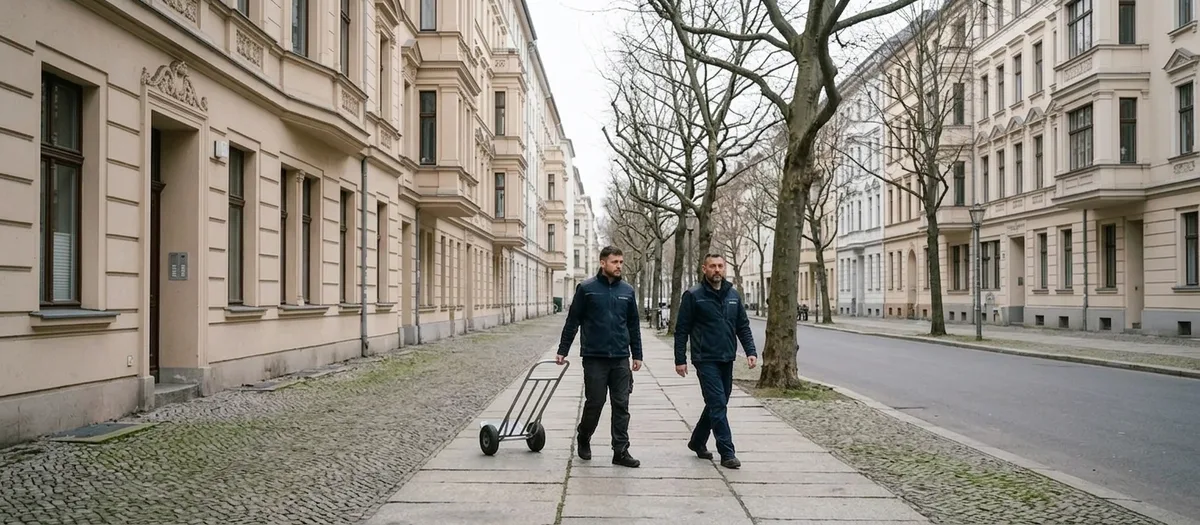 Zwei Männer in dunkler Arbeitskleidung gehen mit einer leeren Sackkarre über den Bürgersteig einer Straße mit Stuckfassaden und kahlen Bäumen.