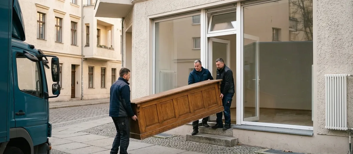 Zwei Träger tragen einen langen Holztresen über den Gehweg aus einem leeren Ladenlokal mit großer, unbeschrifteter Schaufensterscheibe.