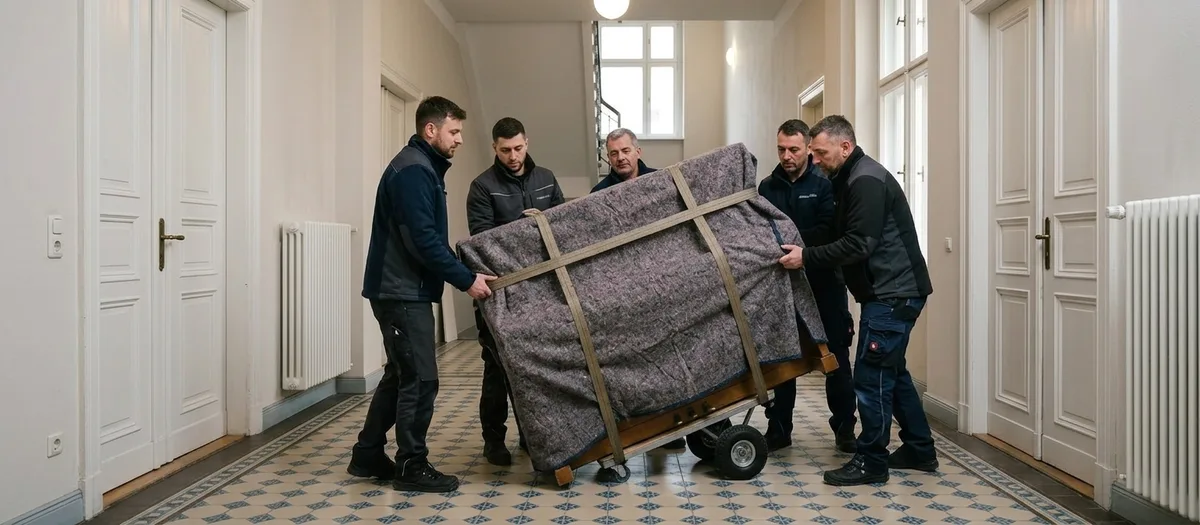 Fünf Männer bewegen ein dick in Decken gepacktes und gegurtetes Klavier auf einem Klavierroller über den Fliesenboden eines Altbauflurs.