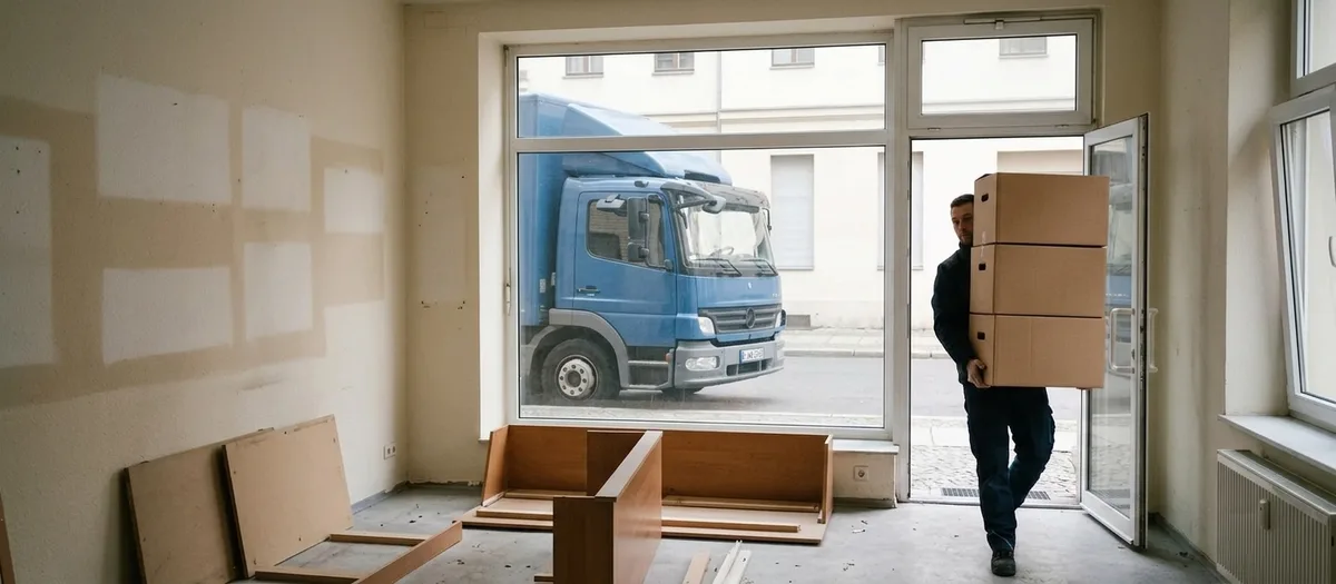 Ein Träger bringt gestapelte Kartons durch die offene Tür eines leergeräumten Ladenlokals, an der Wand zeichnen sich helle Flächen abgebauter Regale ab.