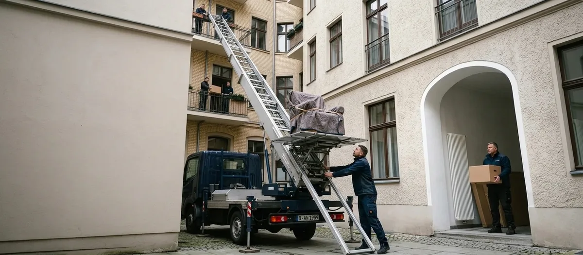 Ein Möbellift ist vom Hof aus bis in eine obere Etage ausgefahren, auf der Plattform steht ein eingepacktes Möbelstück, unten hält ein Mitarbeiter die Leiter.
