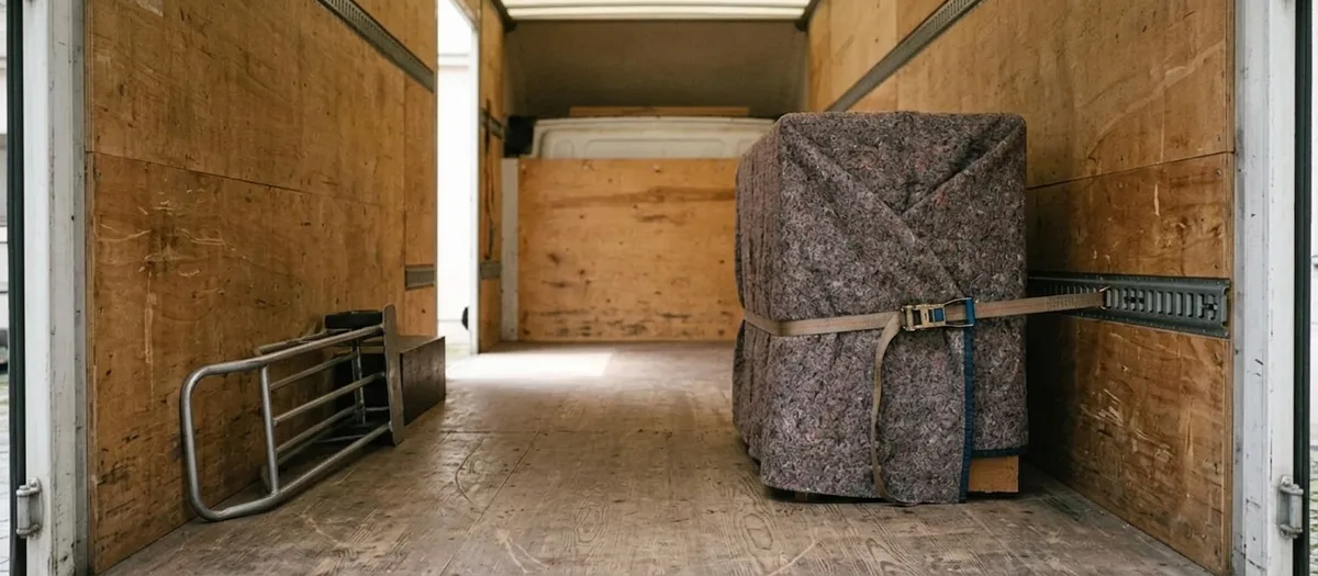 Blick in den Laderaum eines Umzugswagens: eine in Decken gepackte Kommode steht mit Spanngurt an der Bordwand, daneben liegt die Sackkarre.