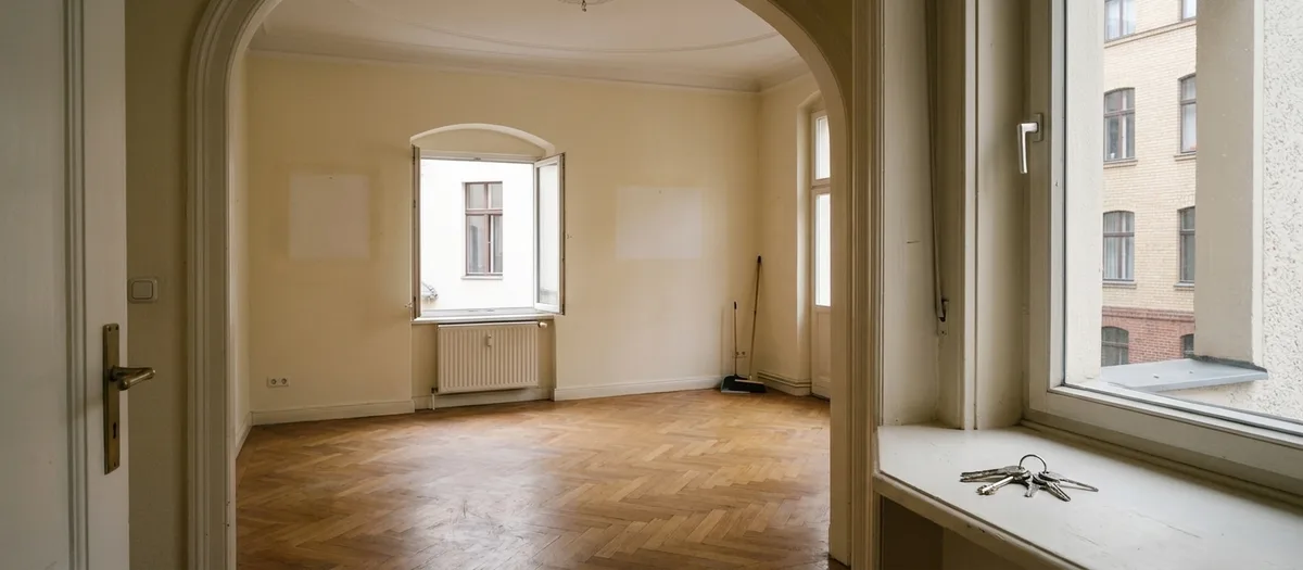 Blick durch einen Rundbogen in ein leeres Altbauzimmer mit Fischgrätparkett, an der Wand helle Flecken abgehängter Bilder, im Vordergrund liegt ein Schlüsselbund auf der Fensterbank.