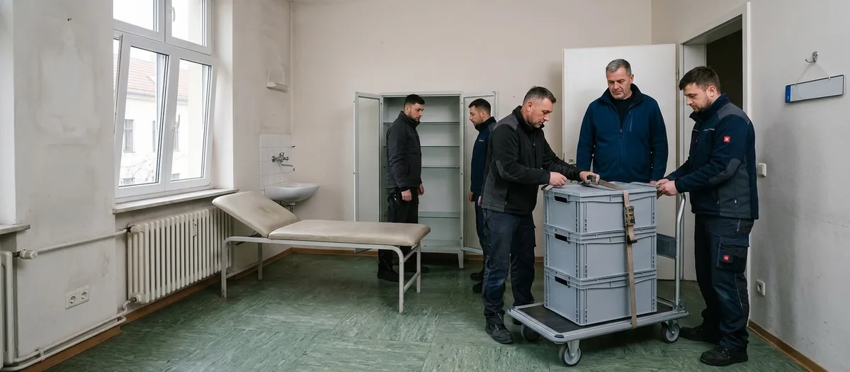 Mitarbeiter gurten graue Transportboxen auf einen Rollwagen in einem geräumten Behandlungsraum mit Liege, Waschbecken und leerem Glasschrank.