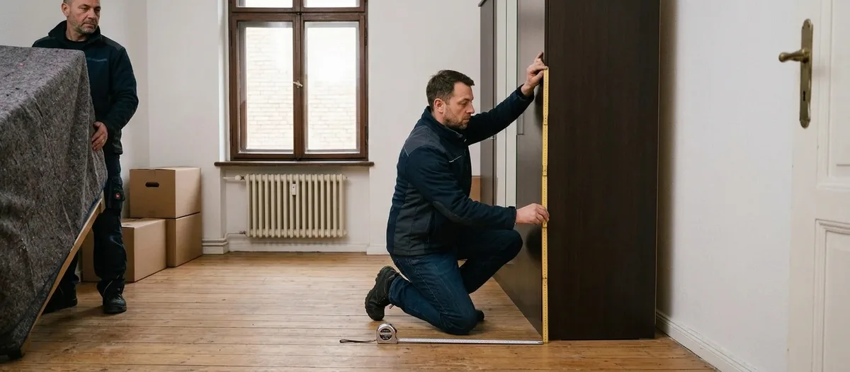 Ein Mitarbeiter kniet vor einem dunklen Kleiderschrank und misst dessen Höhe mit dem Bandmaß, dahinter tragen Kollegen ein in Decken gepacktes Möbel aus dem Zimmer.