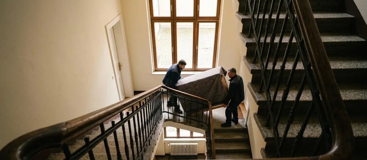 Blick von oben ins Treppenauge: zwei Träger führen ein in Decken gewickeltes Sofa um den Absatz eines Altbautreppenhauses mit Holzgeländer.