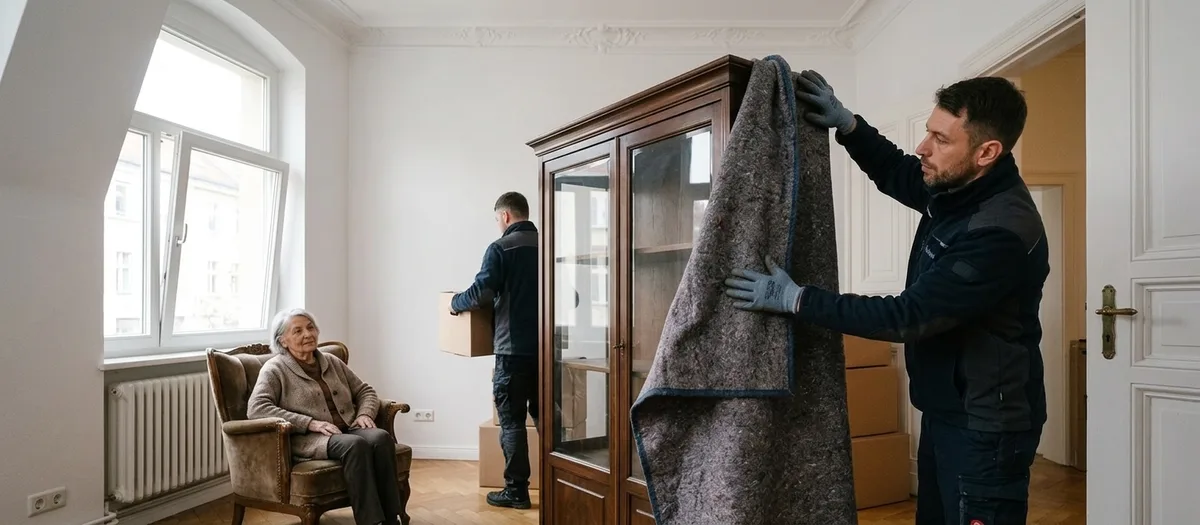 Ein Träger schlägt eine Packdecke um eine Vitrine, während eine ältere Frau in einem Sessel am Fenster sitzt und zusieht.