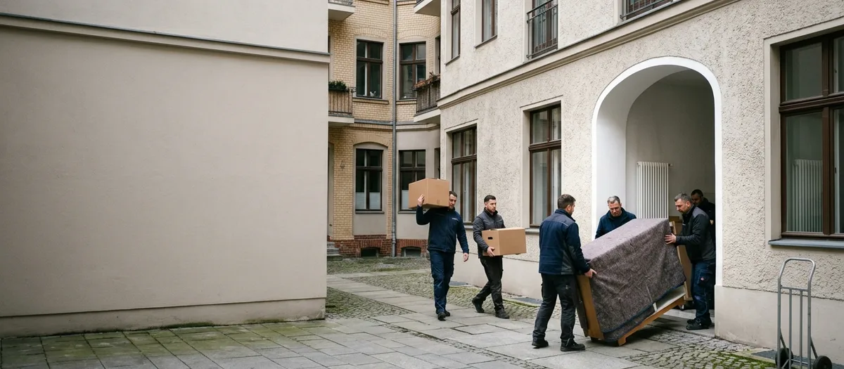 Eine Umzugsmannschaft trägt Kartons und einen in Decken gepackten Schrank aus der Hofdurchfahrt eines fünfgeschossigen Altbaus in den gepflasterten Hinterhof.