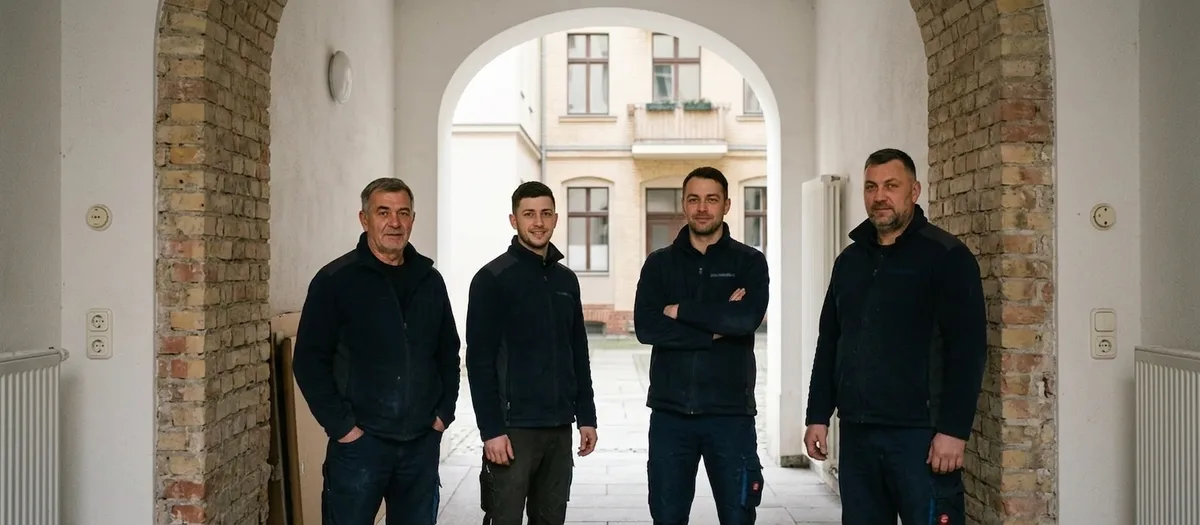 Vier Mitarbeiter in dunkler Arbeitskleidung stehen nebeneinander unter dem Backsteinbogen einer Hofdurchfahrt und blicken in die Kamera.