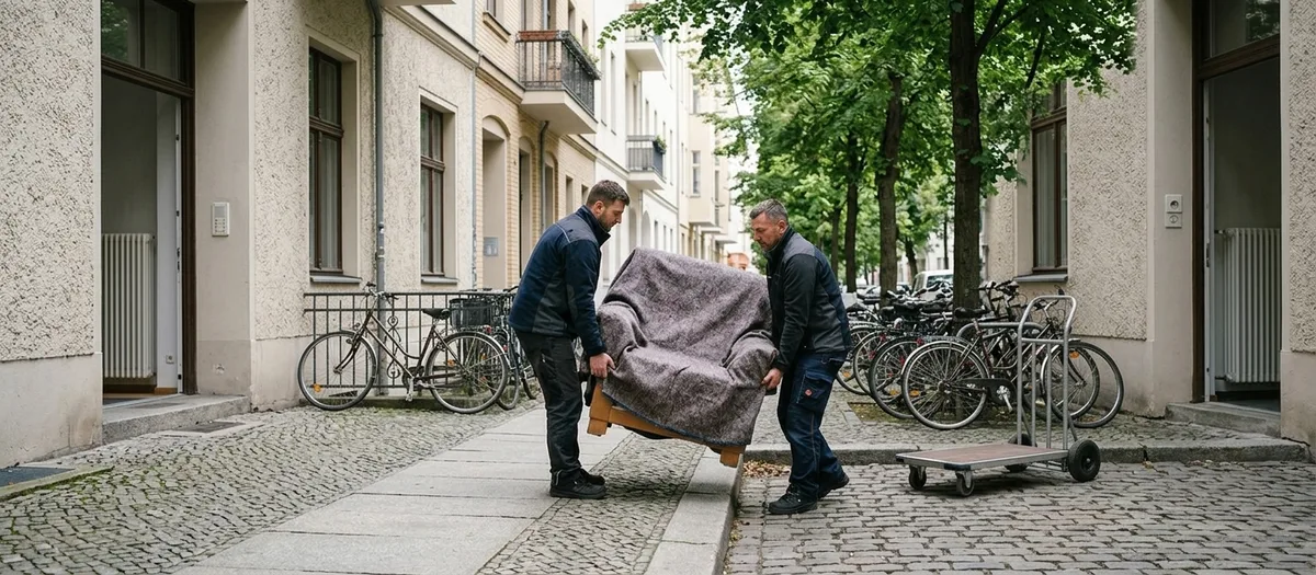 Zwei Träger heben einen in eine Decke gepackten Sessel über die Bordsteinkante auf den Gehweg, dahinter stehen Fahrräder an einem Geländer, daneben wartet ein Plattformwagen.