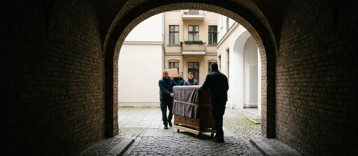 Aus der dunklen Hofdurchfahrt heraus fotografiert: vier Männer schieben eine in Decken gepackte Kommode auf einem Rollbrett aus dem sonnigen Hinterhof heran.