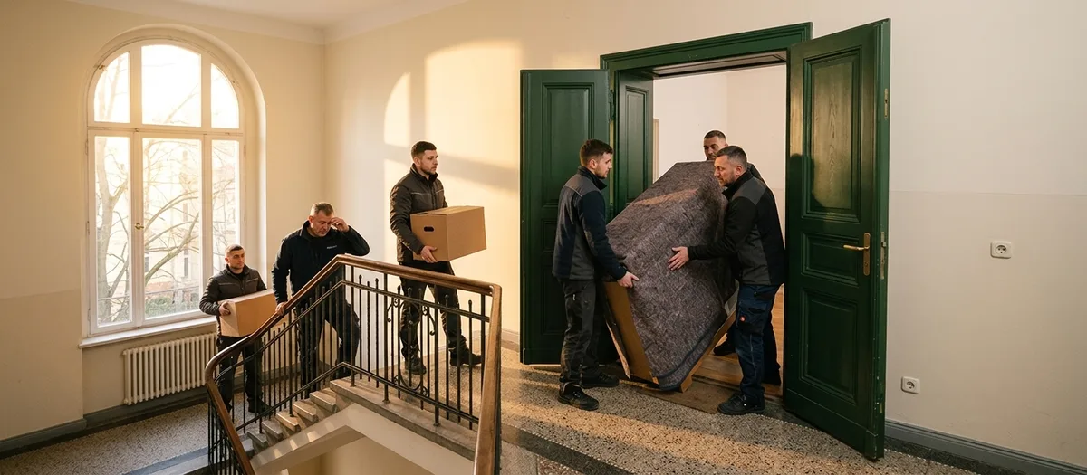 Auf einem breiten Treppenabsatz mit Terrazzoboden und hohem Rundbogenfenster tragen Männer ein eingepacktes Möbel durch eine offene grüne Flügeltür.