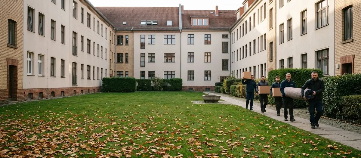 Vier Männer tragen Kartons und einen gerollten Teppich über einen Weg an einer langen Rasenfläche, die von viergeschossigen Wohnblöcken gerahmt wird, auf dem Gras liegt Herbstlaub.