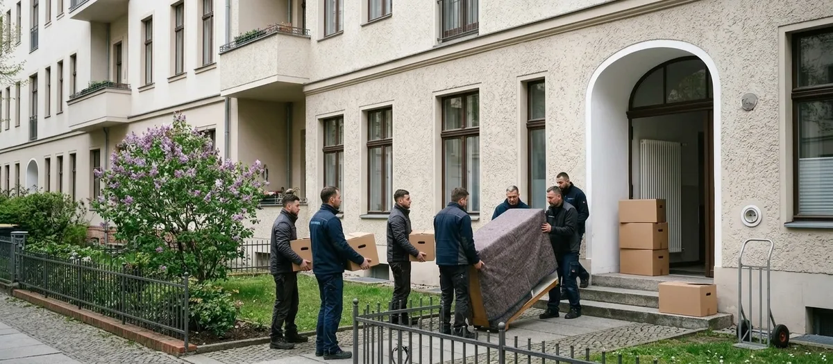 Eine Mannschaft trägt Kartons und ein eingepacktes Möbel am Vorgarten vorbei in den Eingang eines viergeschossigen Wohnhauses, daneben blüht ein Flieder.