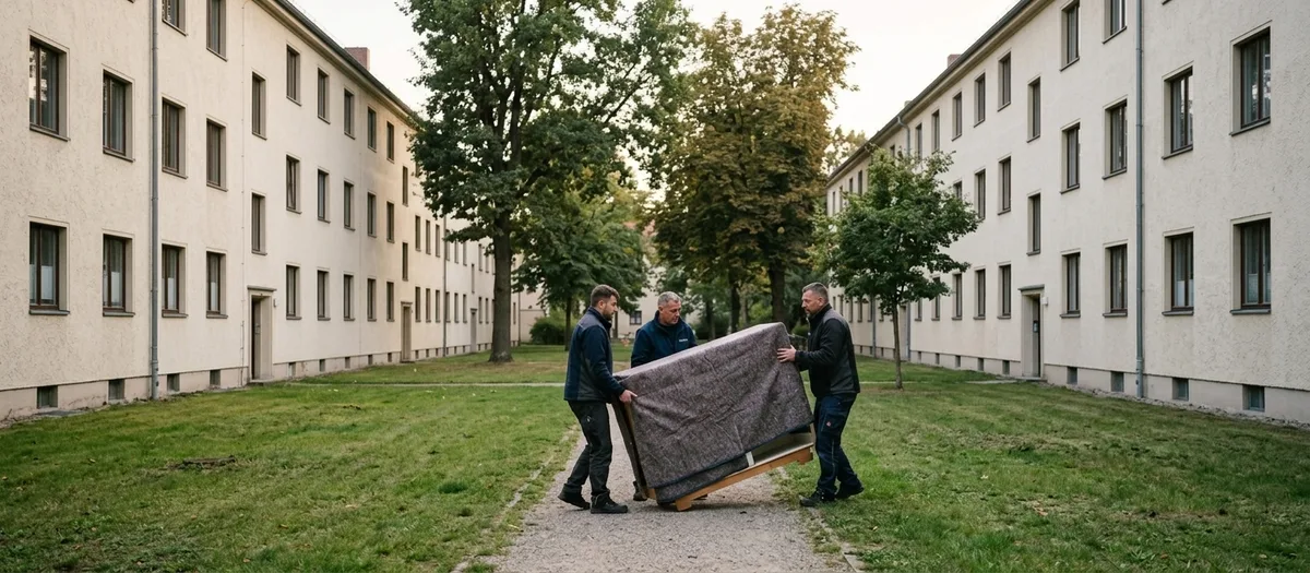 Drei Träger schieben ein in Decken gepacktes Möbel über einen Kiesweg durch eine Grünfläche zwischen langen dreigeschossigen Wohnzeilen.