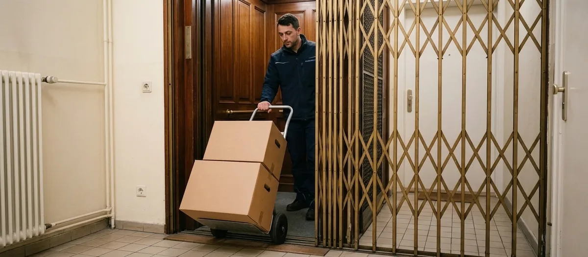 Ein Mitarbeiter rollt eine Sackkarre mit zwei Kartons in einen alten Aufzug mit messingfarbenem Scherengitter.