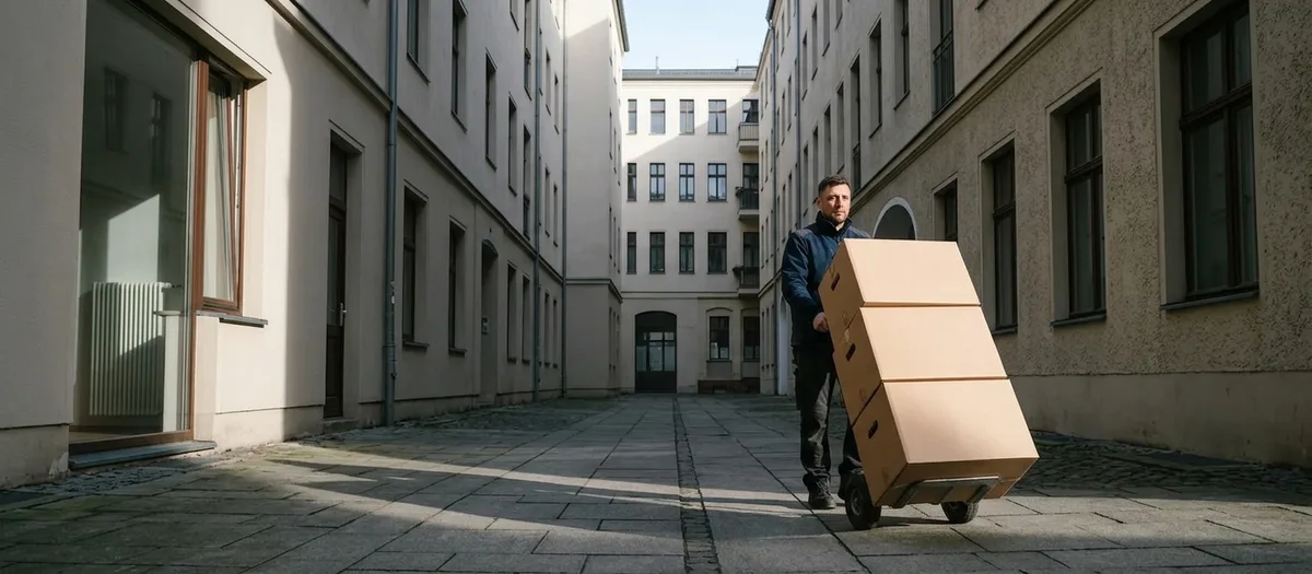 Ein Träger schiebt eine Sackkarre mit drei großen Kartons durch einen schmalen, sonnenbeschienenen Hof zwischen schlichten Putzfassaden.