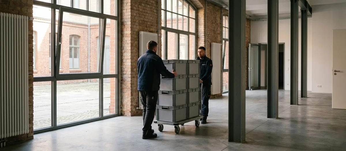 Zwei Mitarbeiter schieben einen Rollwagen mit gestapelten grauen Transportboxen durch eine leere Etage in einem umgebauten Backsteingebäude mit hohen Sprossenfenstern.
