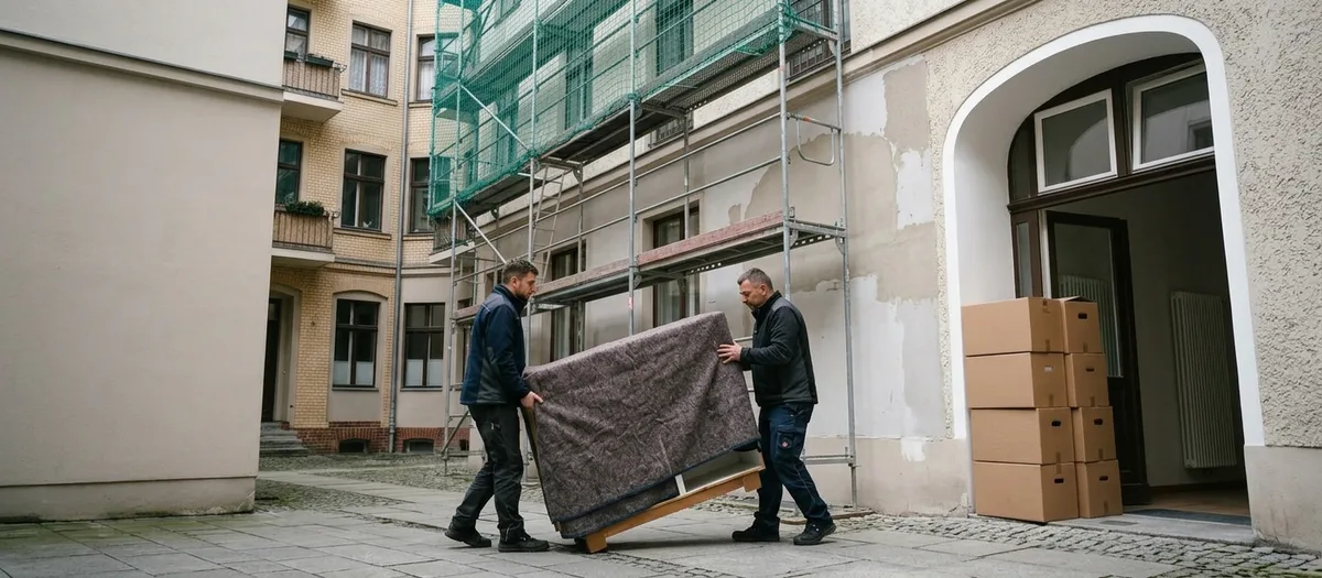 Zwei Träger tragen ein eingepacktes Möbel durch einen Hof, an der Fassade dahinter steht ein Gerüst mit Schutznetz, am Eingang stapeln sich Kartons.