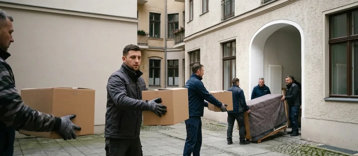 Mehrere Helfer mit Arbeitshandschuhen reichen im gepflasterten Hof Kartons von Hand zu Hand in Richtung Hauseingang.