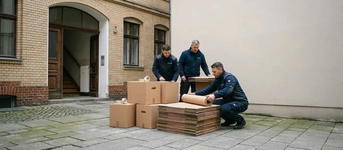 Drei Männer falten im Hof Umzugskartons auf, daneben liegen flach gestapelte Pappe, Packpapier und Klebeband.